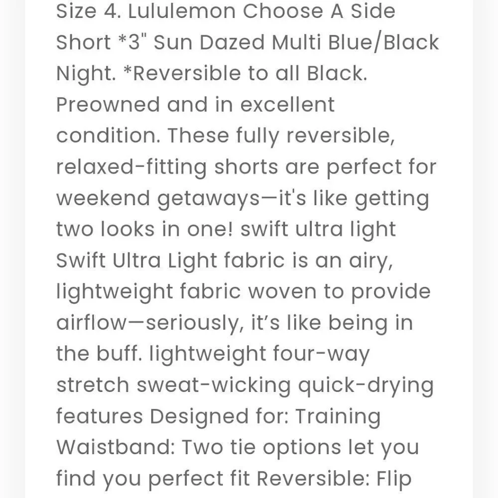 LULULEMON CHOOSE A SIDE SHORTS - BLACK NIGHT AND SUN DAZED MULTI BLUE, SIZE 4